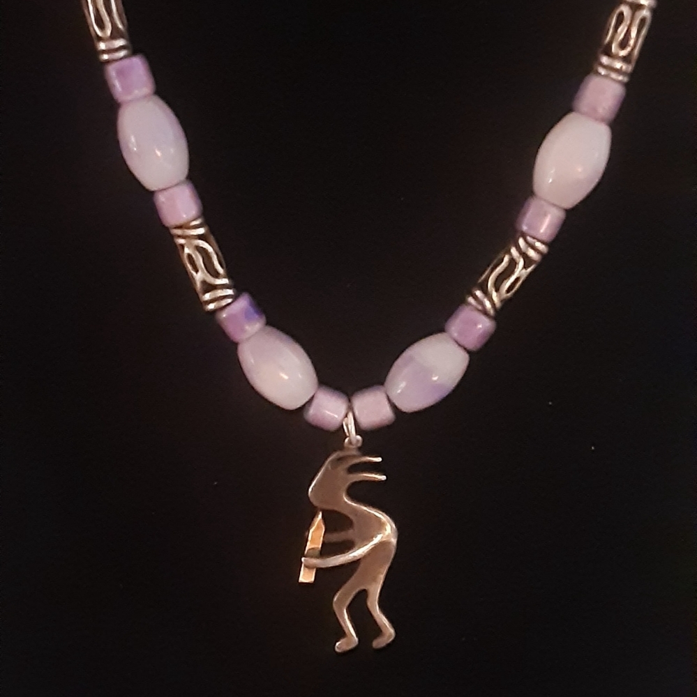 Artisan Made KOKOPELLI Beaded Necklace Iridescent Purples & Silver UNISEX